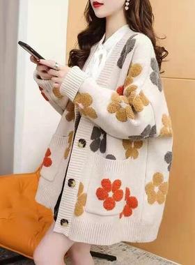 秋装2024新款女士毛衣提花外搭宽松针织开衫V领外套女上衣秋冬潮