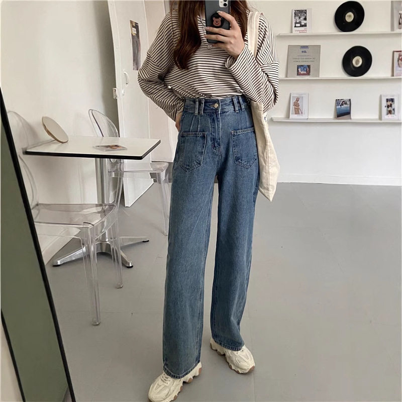 大码高街阔腿牛仔裤女小个子学生韩版百搭显高宽松显瘦直筒长裤