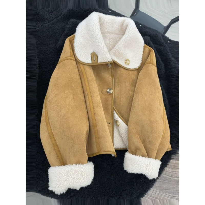 冬季超好看麂皮绒外套女羊羔绒翻领加厚皮毛一体小个子百搭减代发