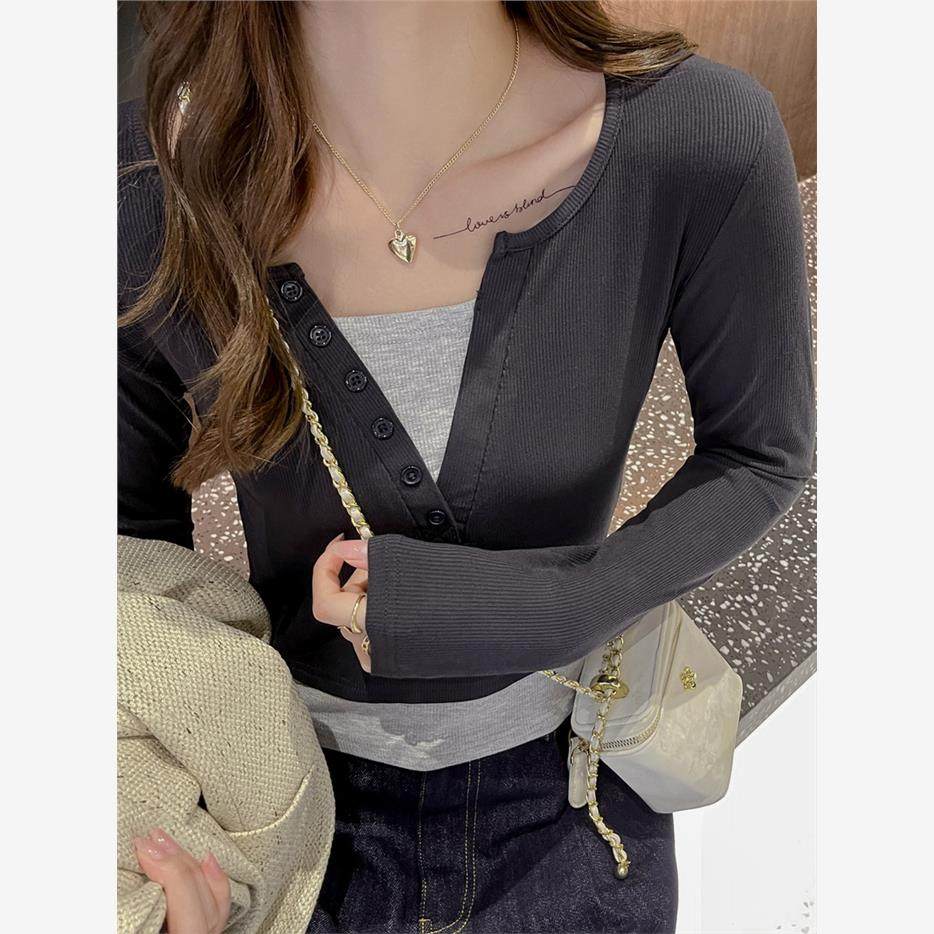 早春秋季正肩假两件长袖t恤女装设计感可外穿修身打底衫内搭上衣