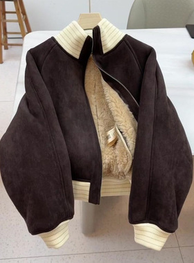 美式复古又酷又飒小香风百搭显瘦通勤超好看深咖色羊羔毛外套1683
