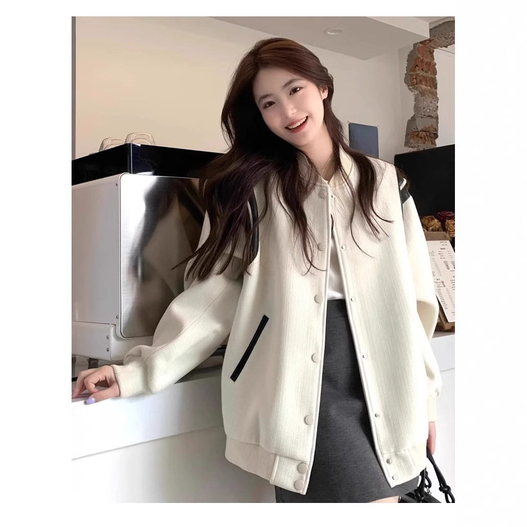 白色加绒棒球服女夹克外套秋季2024新款感休闲上衣春秋冬