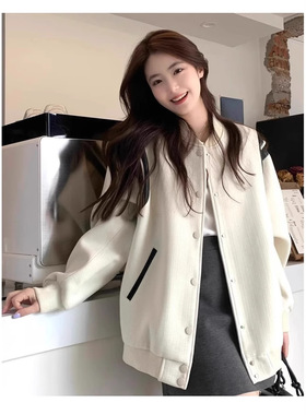 白色加绒棒球服女夹克外套秋季2024新款感休闲上衣春秋冬