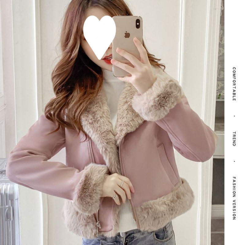 加厚加绒短外套女2023秋冬装百搭机车服皮毛一体时尚羊羔毛外套