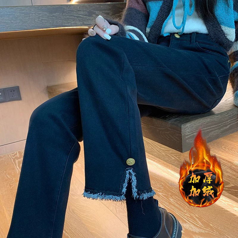 大码黑色直筒加绒牛仔裤女2024秋冬新款百搭高腰显瘦法棍烟管裤潮