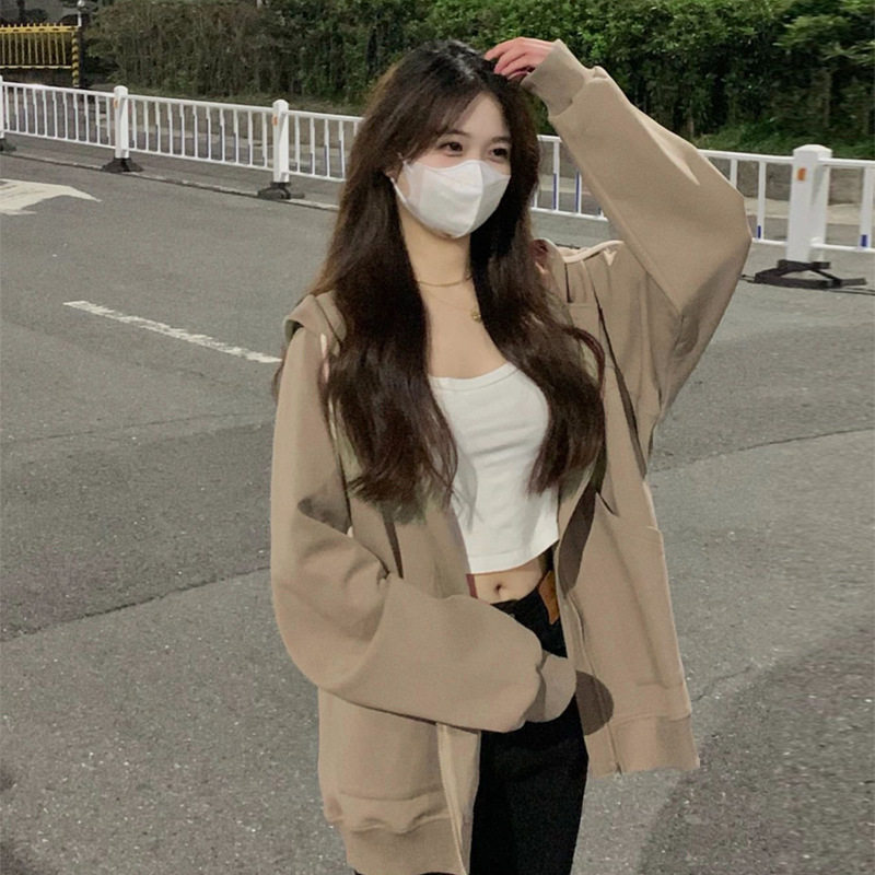 春季款加绒加厚美式复古卫衣外套女2024新款慵懒风oversize棒球服