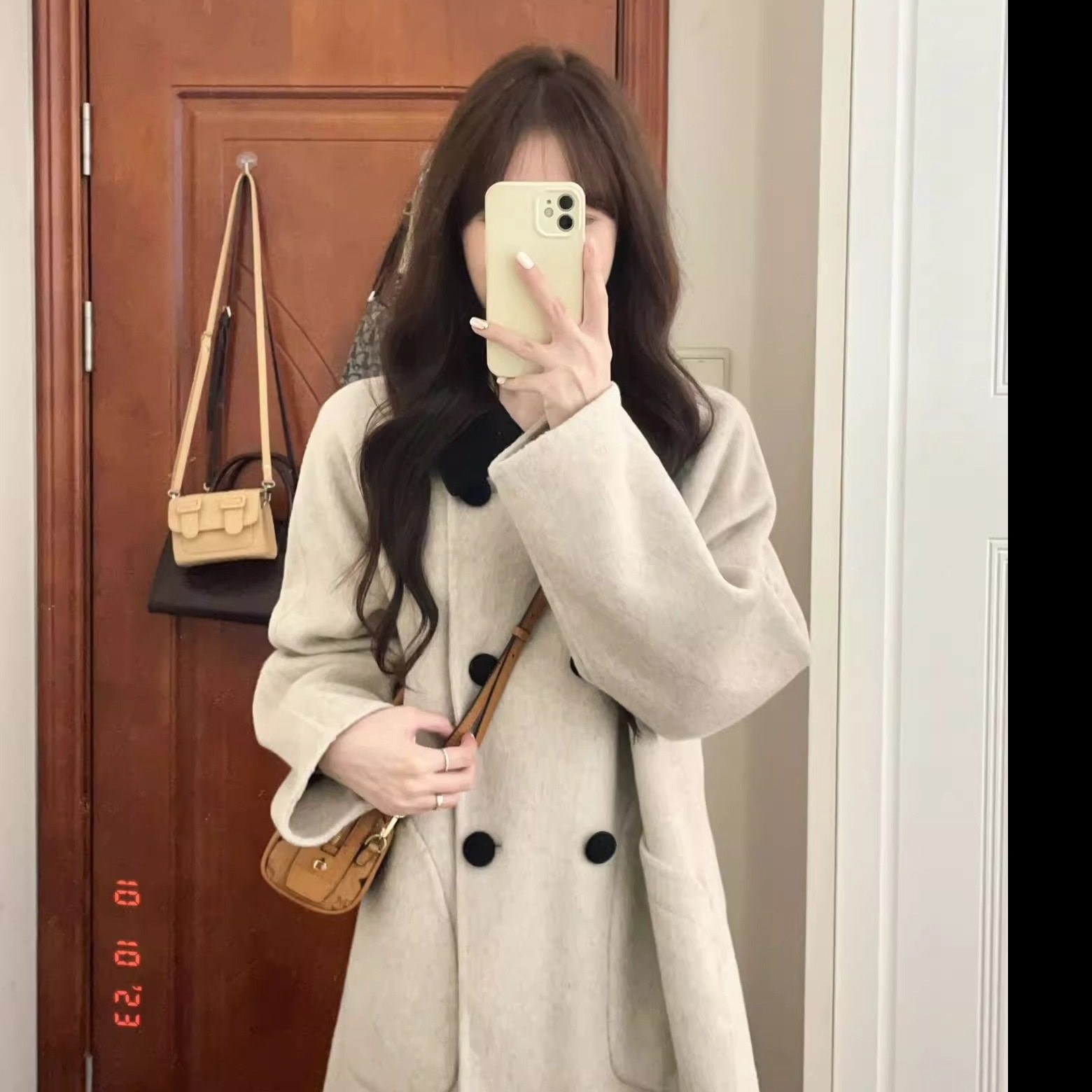 冬季韩系小个子复古撞色翻领短款高级毛呢大衣呢子外套女宽松显高