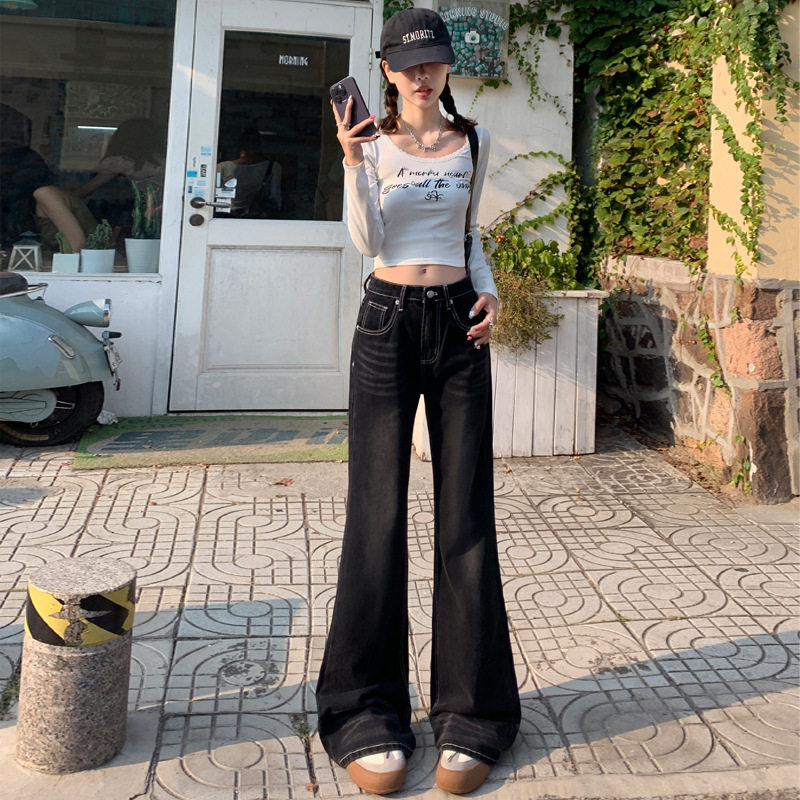 不贴腿微喇牛仔裤女2024年秋冬新款美式做旧宽松显瘦阔腿微喇裤子