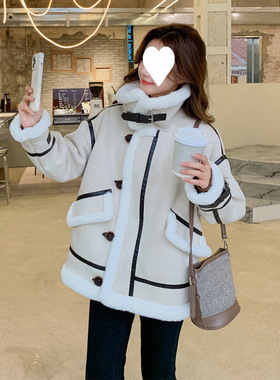 加绒麂皮绒皮毛一体机车服羊羔毛绒外套女秋冬小众高级感棉服爆款
