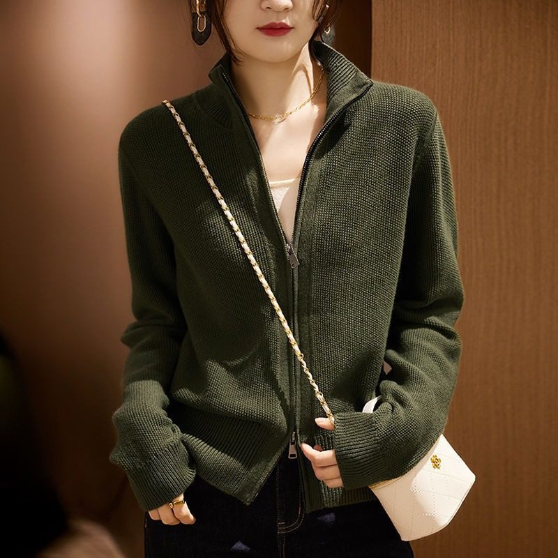 春秋新款半高领针织开衫外套女宽松拉链小众立领休闲时尚女式毛衣