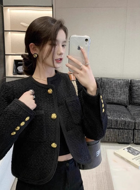 法式百搭长袖高级小香风外套小个子短款修身温柔风单排扣黑色外套