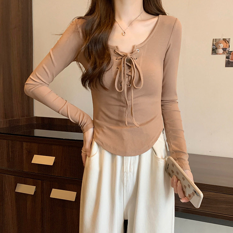 纯欲性感低领显胸系带上衣女设计感长袖紧身T恤弧形下摆外穿打底