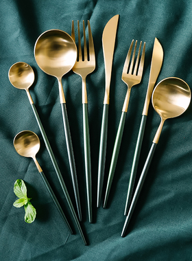 北欧ins黛绿色304不锈钢家用西餐刀叉勺筷子四件套甜品勺牛排刀叉