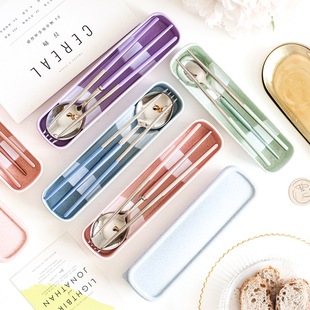 创意304不锈钢可携式叉勺筷盒装户外餐具可爱学生野餐勺筷子组