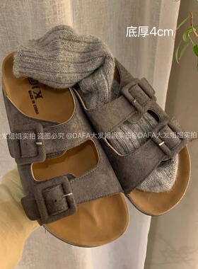 大发姐姐实拍2025夏季新款厚底勃肯拖鞋女外穿凉拖皮带扣罗马拖鞋
