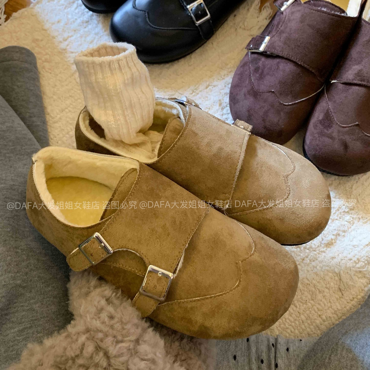大发姐姐实拍 平底搭扣加绒勃肯鞋女冬毛毛鞋保暖加厚棉鞋乐福鞋