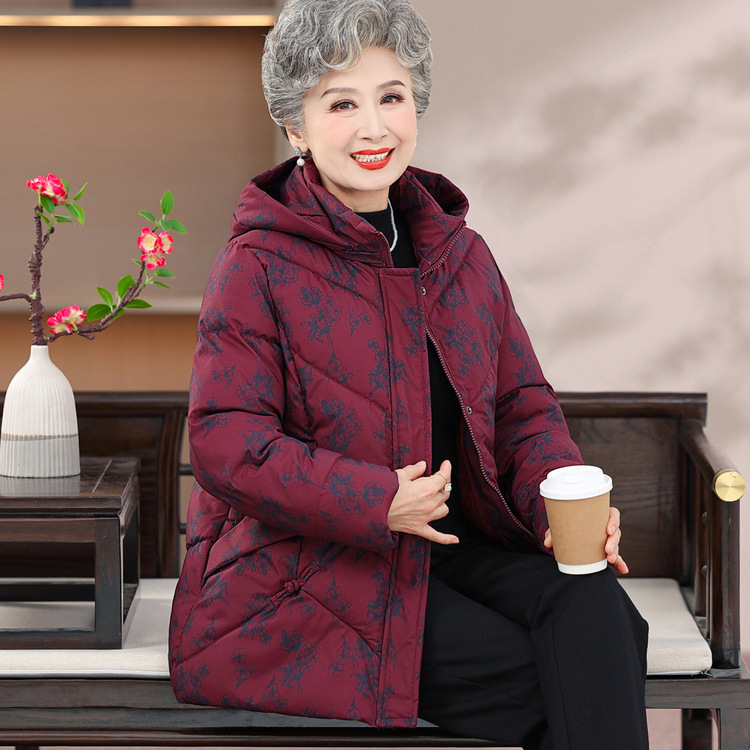 日式良品中老年人冬装棉服女奶奶中长款棉衣妈妈连帽外套加厚棉袄