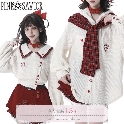pinksavior【红果奶芙】苹果针织红白格纹披肩秋冬短外套衬衫设计