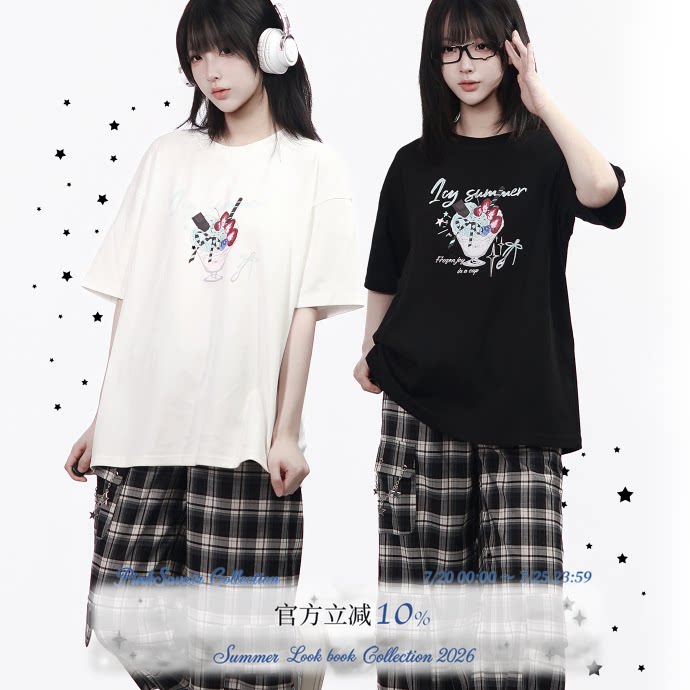 pinksavior【冰品小铺】夏日奥戴尔柔棉休闲黑白短袖插图印花女