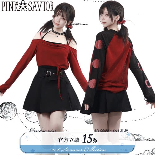 pinksavior【月相星辰】红黑夏日一字防晒上衣竹节棉夏日轻薄套装