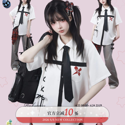pinksavior | shugo chara! amo十字印花领带休闲学院显瘦衬衫