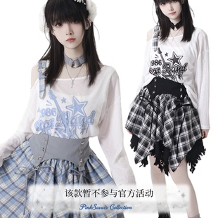 pinksavior【star band】夏日乐队印花格纹设计感分体腰封显瘦