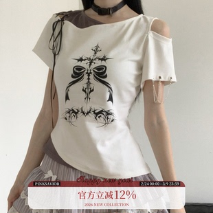 pinksavior古早设计感拼接不规则显瘦收腰三色短袖夏秋