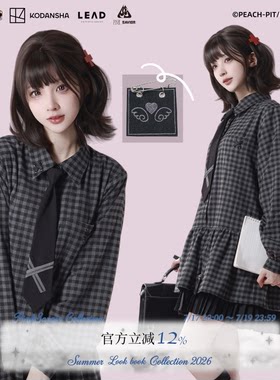 pinksavior |shugo chara!灰黑格纹连衣裙设计感拼接压褶领带套装