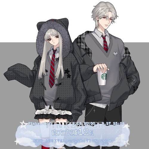 pinksavior朋克小鼠刺绣大毛领波点棉服外套黑灰设计感套装