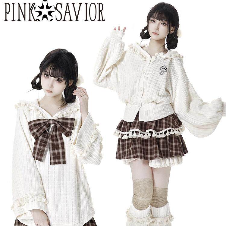 pinksavior【暖暖】风铃熊猫早春针织加绒外套棕格纹俏皮减龄
