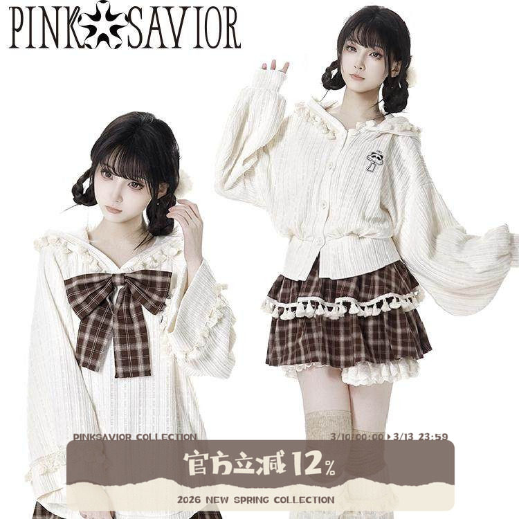 pinksavior【暖暖】风铃熊猫早春针织加绒外套棕格纹俏皮减龄