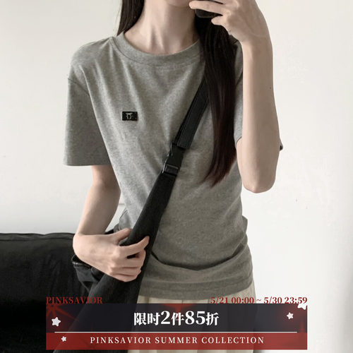 pinksavior掐腰夏日棉质显瘦遮肉灰白织标短袖