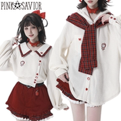 设计 苹果针织红白格纹披肩秋冬短外套衬衫 pinksavior 红果奶芙