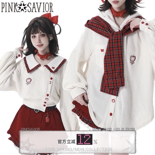 设计 苹果针织红白格纹披肩秋冬短外套衬衫 pinksavior 红果奶芙