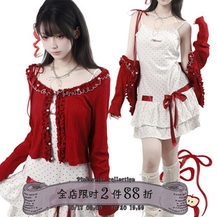 pinksavior【糖霜莓莓】美式红白撞色波点针织裙红色小开衫春秋