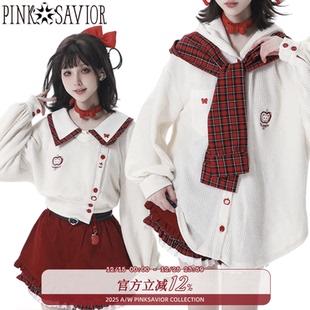 设计 苹果针织红白格纹披肩秋冬短外套衬衫 pinksavior 红果奶芙