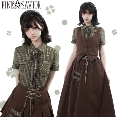 pinksavior【风染绿川】幸运绿格衬衫学院风绑带半裙设计感优等生