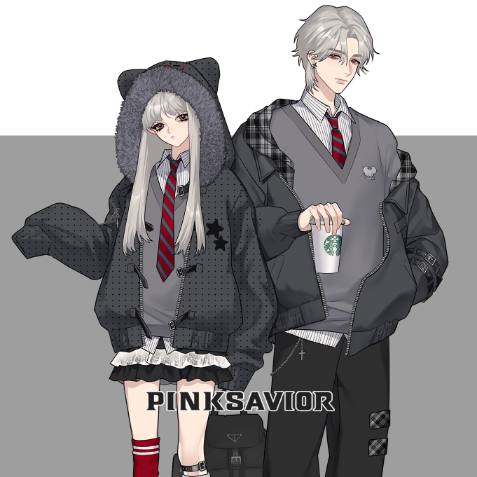 pinksavior朋克小鼠刺绣大毛领波点棉服外套黑灰设计感套装