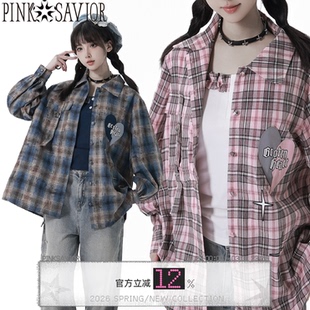 pinksavior秋冬做旧格纹衬衫 日常百搭休闲设计感现货