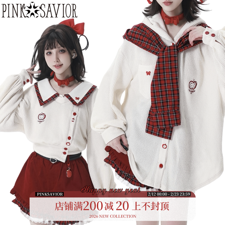 pinksavior【红果奶芙】苹果针织红白格纹披肩秋冬短外套衬衫设计