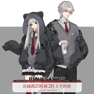 pinksavior朋克小鼠刺绣大毛领波点棉服外套黑灰设计感套装