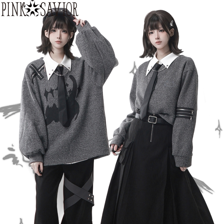 pinksavior【少年日志】灰色冬日学院感针织卫衣设计感内搭套装
