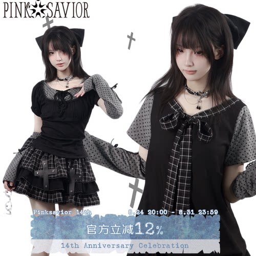 pinksavior【古早序章】早秋系带短袖波点连衣裙拼接格纹设计显瘦