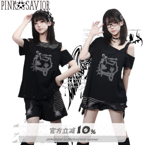 pinksavior【零度街区】黑灰摇滚少女设计感短袖短下装设计套装