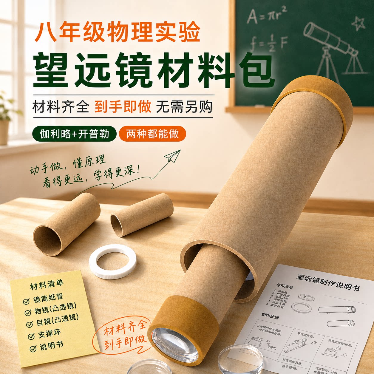 自制望远镜材料包伽利略开普勒八年级光学玻璃镜片凹凸透镜凸透镜成像原理应用光学镜片物理实验器材