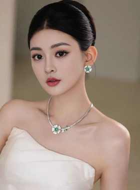 水舞D1211韩式复古优雅银绿色锁骨链女气质感项链耳环时尚配饰