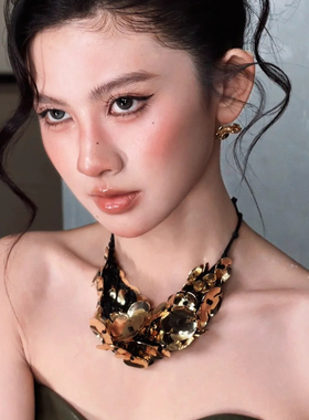 水舞 D1202 新娘新款金色个性民族风手工编织串环链走秀百搭项链