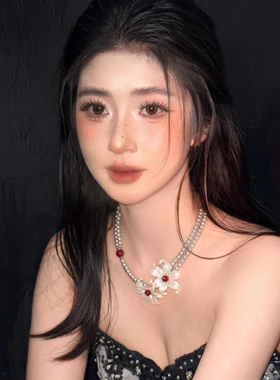 水舞 D1178 新娘新款小众设计珠光鸢尾花朵银色串珠项链锁骨链