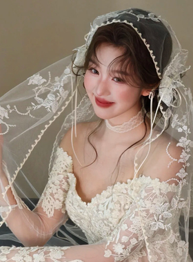 水舞R0472白色蕾丝花边订婚头纱超仙法式复古新娘高级感婚纱配饰