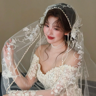 复古新娘高级感婚纱配饰 水舞R0472白色蕾丝花边订婚头纱超仙法式